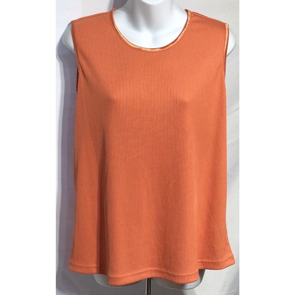 Allison Daley Ribbed Top L Orange Sleeveless Satin Trim Scoop Neck